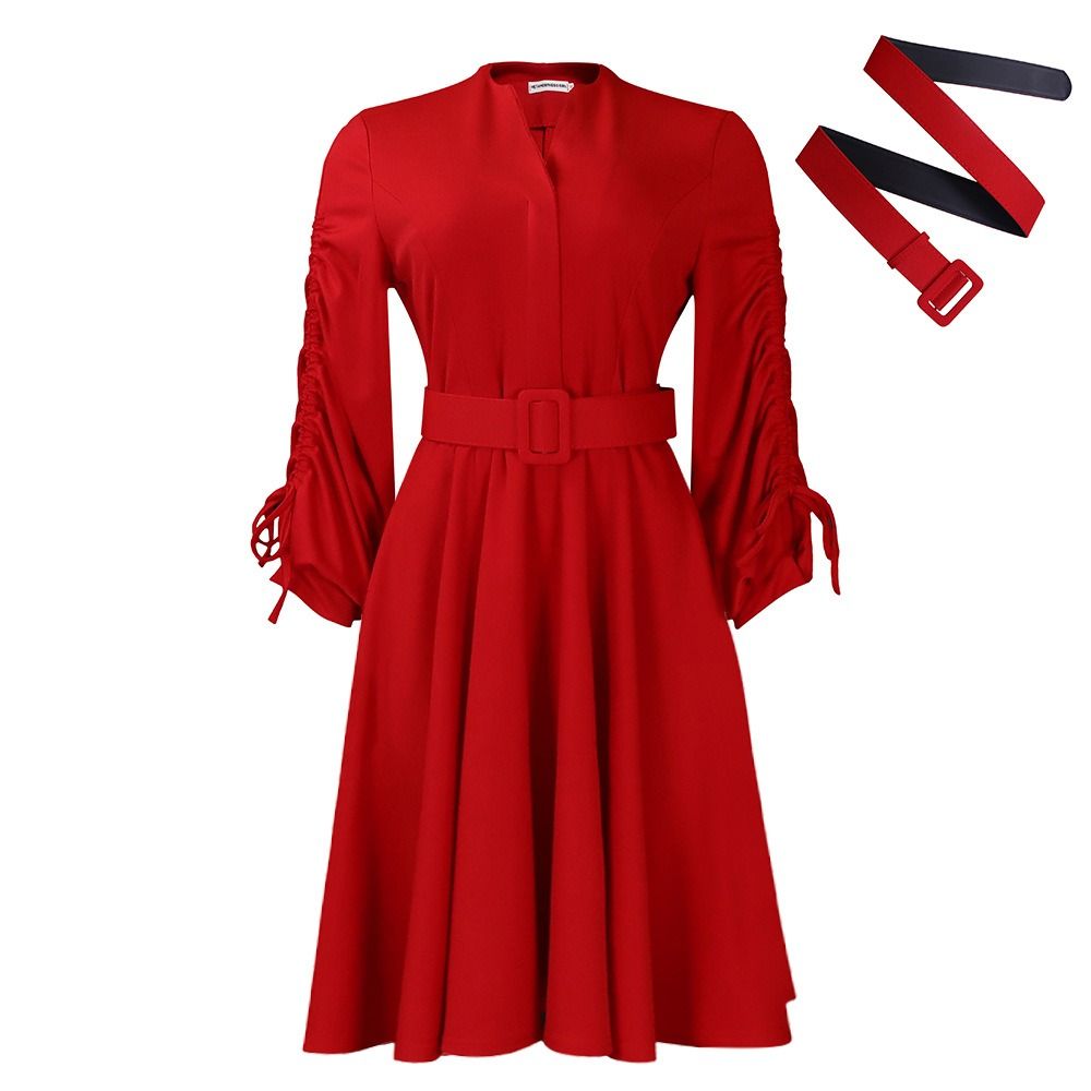 2025 Spring & Autumn Africa Europe America D471 Women's New Fashion V-neck Draw Rope Fold Skirt Elegant Large-size Dress Pleating Craft Long Sleeve Umbrella Skirt Elegant Style