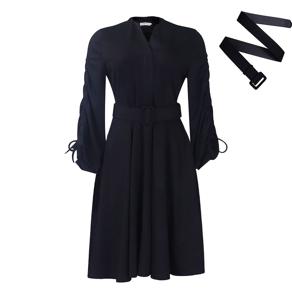 2025 Spring & Autumn Africa Europe America D471 Women's New Fashion V-neck Draw Rope Fold Skirt Elegant Large-size Dress Pleating Craft Long Sleeve Umbrella Skirt Elegant Style