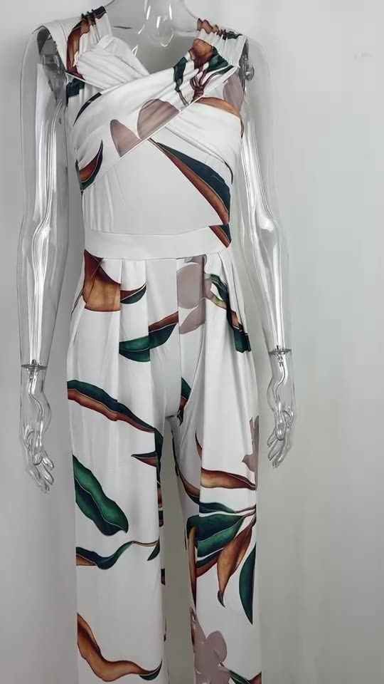 2025 Spring & Summer New Africa Europe America Women's Temperament Elegant One-line Shoulder Fashion Printed Temperament High-waisted Jumpsuit Print Elements Temperament Elegant Style
