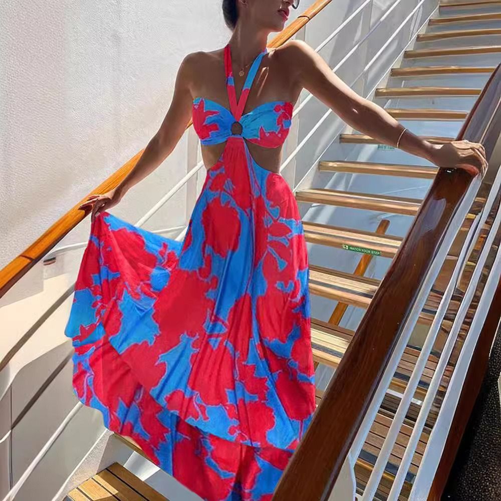2025 New new halter two-color dress print/Print Bohemian dress Amazon print V-neck sleeveless commuter dress Princess dress