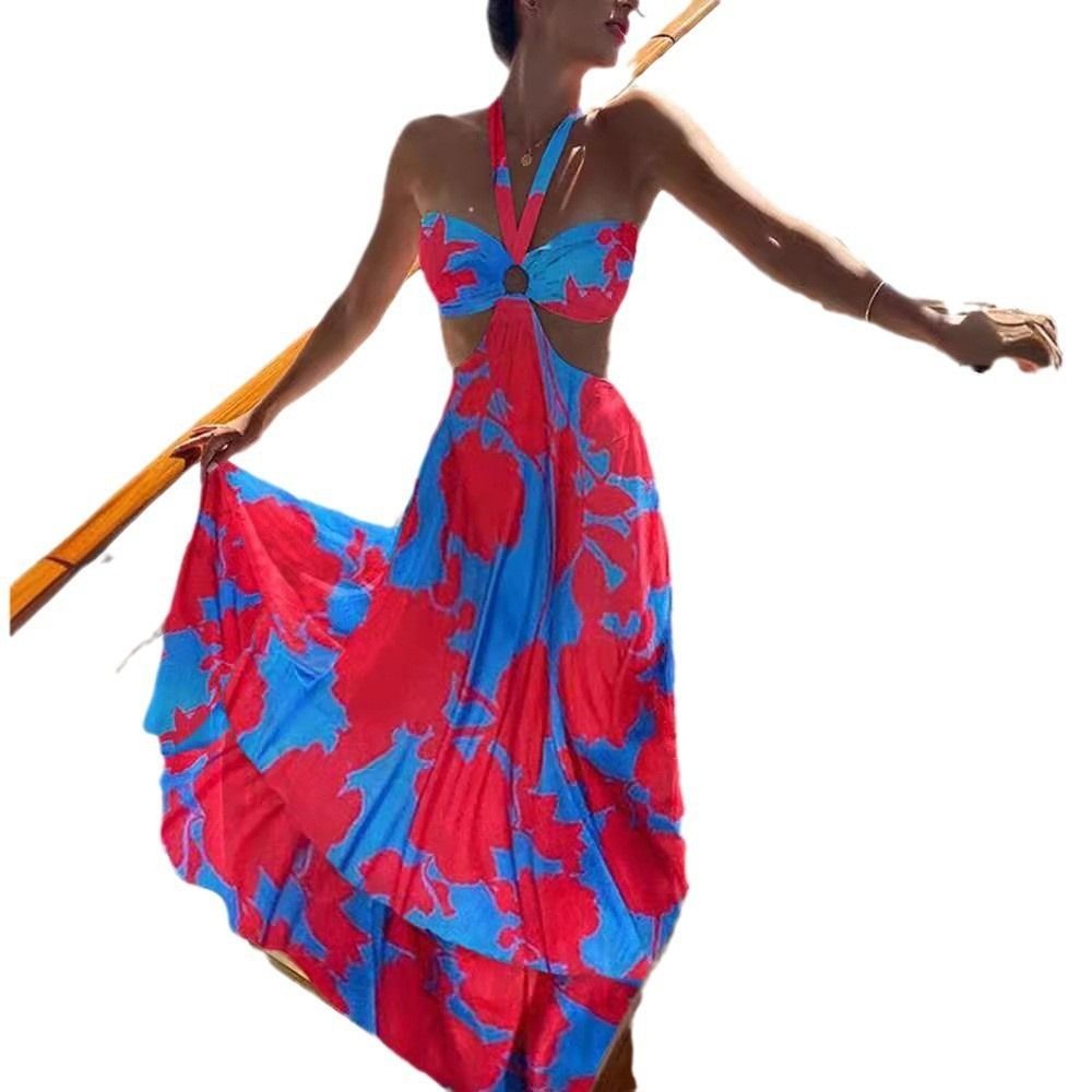 2025 New new halter two-color dress print/Print Bohemian dress Amazon print V-neck sleeveless commuter dress Princess dress