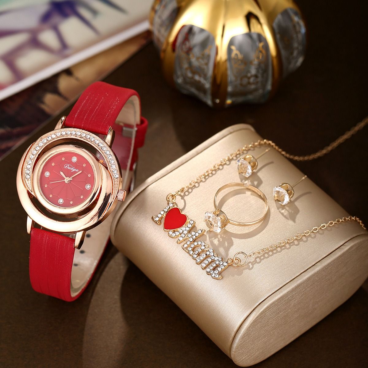 2024 Africa New Simple Women's Watch Set with Diamond Light Luxury Belt Quartz Watch Women's Ring Earrings Necklace Set Lovers' Ladies Leisure Metal Watches+ Girlfriends Wife's Gift