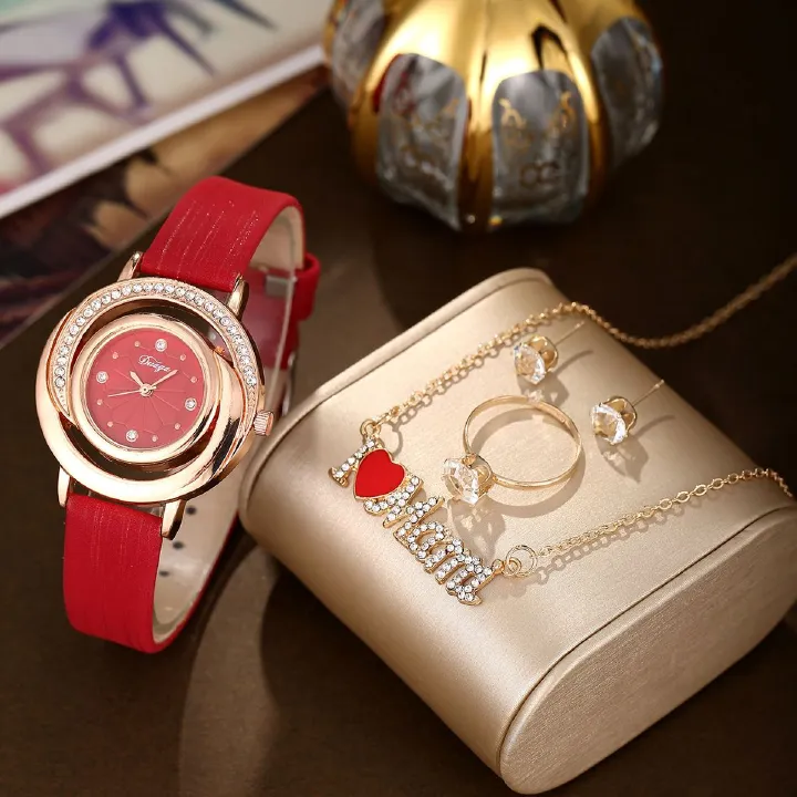 2024 Africa New Simple Women's Watch Set with Diamond Light Luxury Belt Quartz Watch Women's Ring Earrings Necklace Set Lovers' Ladies Leisure Metal Watches+ Girlfriends Wife's Gift