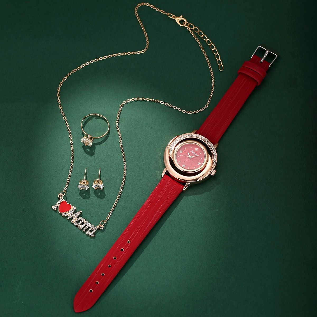 2024 Africa New Simple Women's Watch Set with Diamond Light Luxury Belt Quartz Watch Women's Ring Earrings Necklace Set Lovers' Ladies Leisure Metal Watches+ Girlfriends Wife's Gift