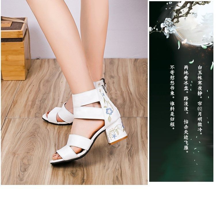 2024 Summer new European and American retro embroidered sandals with a feminine touch, thick heels, medium heels, foreign trade women's shoes, fringed embroidered shoes, and retro women's high heels