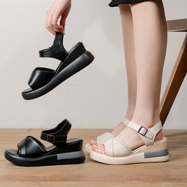 Summer new 2024 sandals, women's British-style high heels, thick-soled fish-mouth sandals, wedge heels, one-line buckle shoes, women's one-line fish-mouth sandals