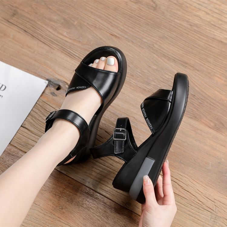 Summer new 2024 sandals, women's British-style high heels, thick-soled fish-mouth sandals, wedge heels, one-line buckle shoes, women's one-line fish-mouth sandals