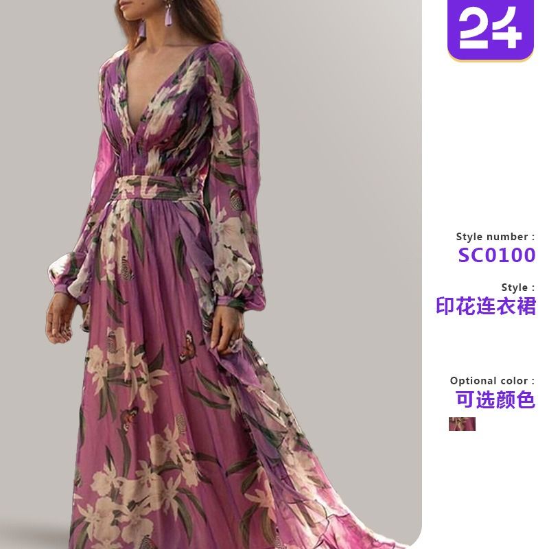 Winter 2025 new European and American women's trade dress - Amazon ebay V-neck long-sleeved printed large-swing dress. New printed/dyed large-swing V-neck women's dress