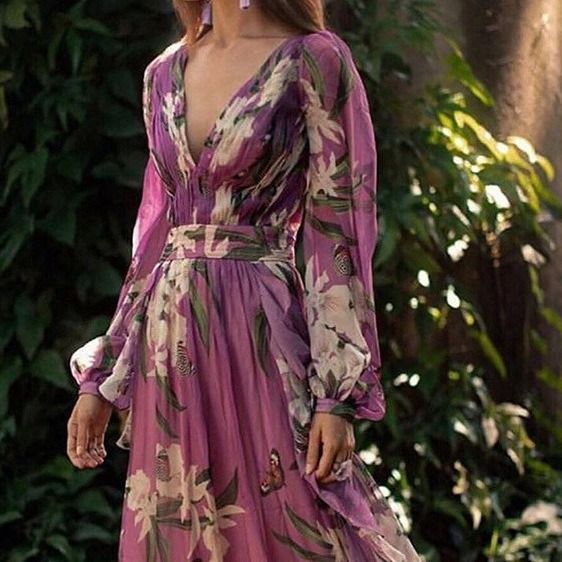 Winter 2025 new European and American women's trade dress - Amazon ebay V-neck long-sleeved printed large-swing dress. New printed/dyed large-swing V-neck women's dress