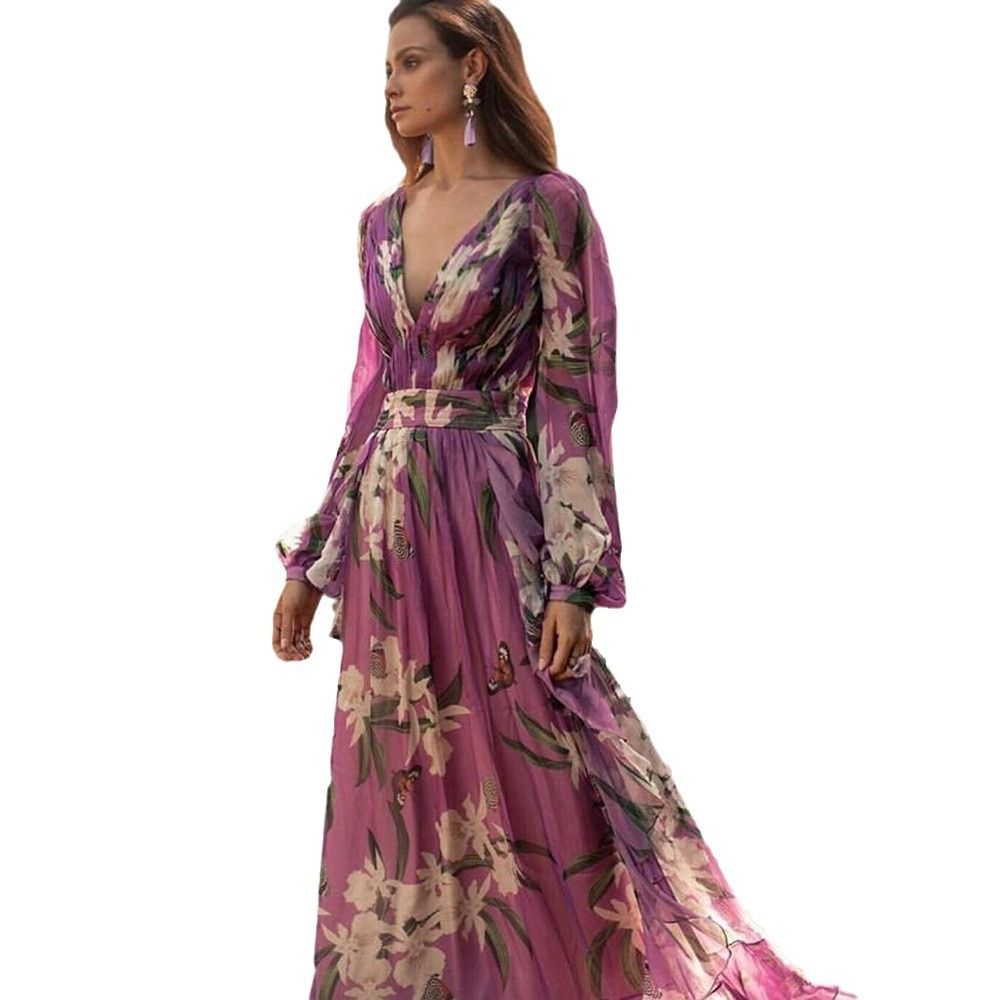 Winter 2025 new European and American women's trade dress - Amazon ebay V-neck long-sleeved printed large-swing dress. New printed/dyed large-swing V-neck women's dress