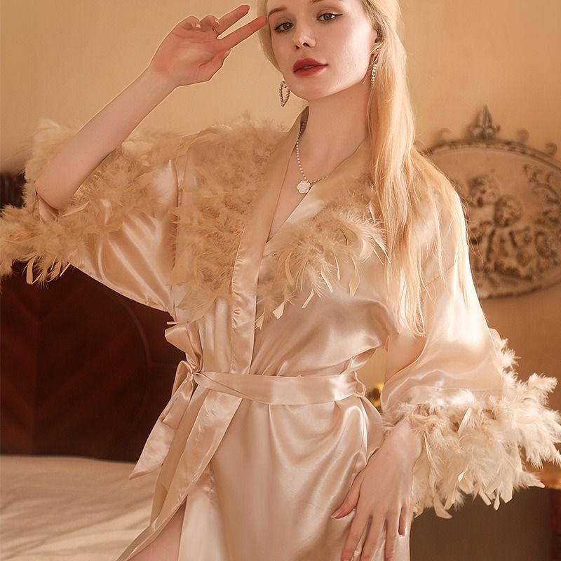 Cross-border plume morning gowns, women's feather bathrobes, wedding makeup, bridesmaids, wedding casual, breathable, sleep, bath and one-line collar bathrobes, Pajamas