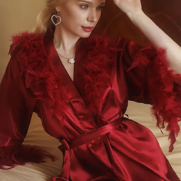 Cross-border plume morning gowns, women's feather bathrobes, wedding makeup, bridesmaids, wedding casual, breathable, sleep, bath and one-line collar bathrobes, Pajamas