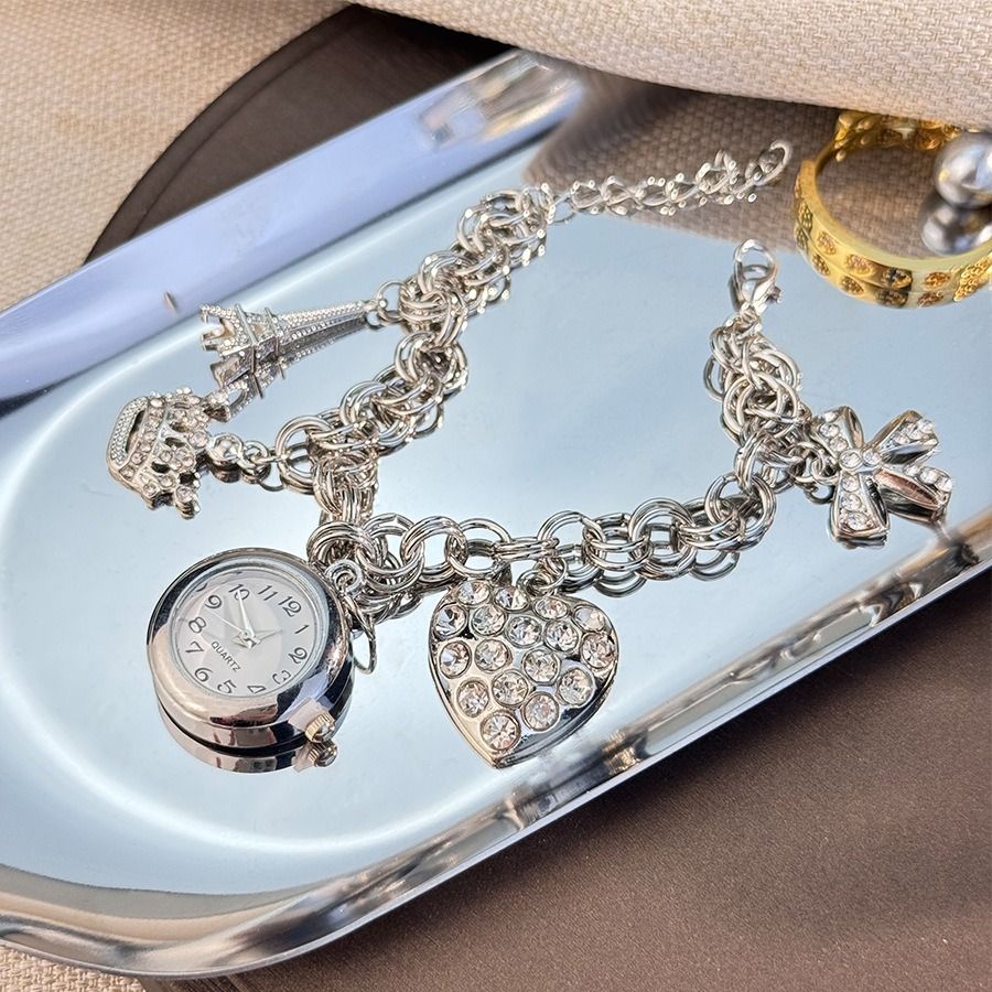 European and American love lock jewelry, personality, full of diamonds, peach heart, gold and silver bracelets, watches, women's diamond-set design, bracelets, quartz watches