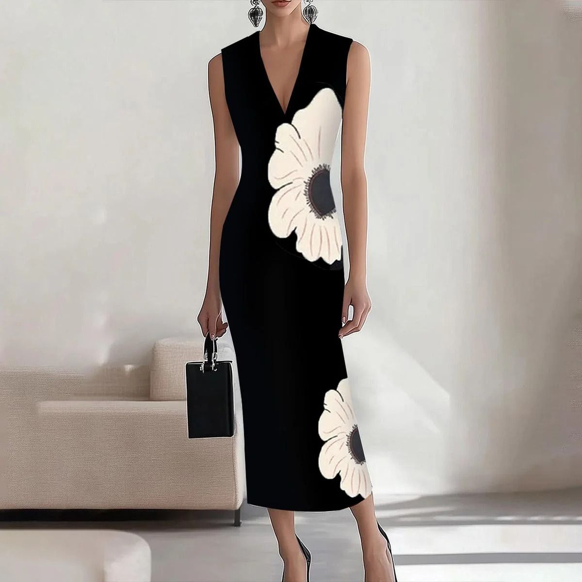 In 2025, the SHEIN print elegant long dress for the workplace, party and vacation on the independent Amazon cross-border website in Europe and America, with A round neck A-line dress