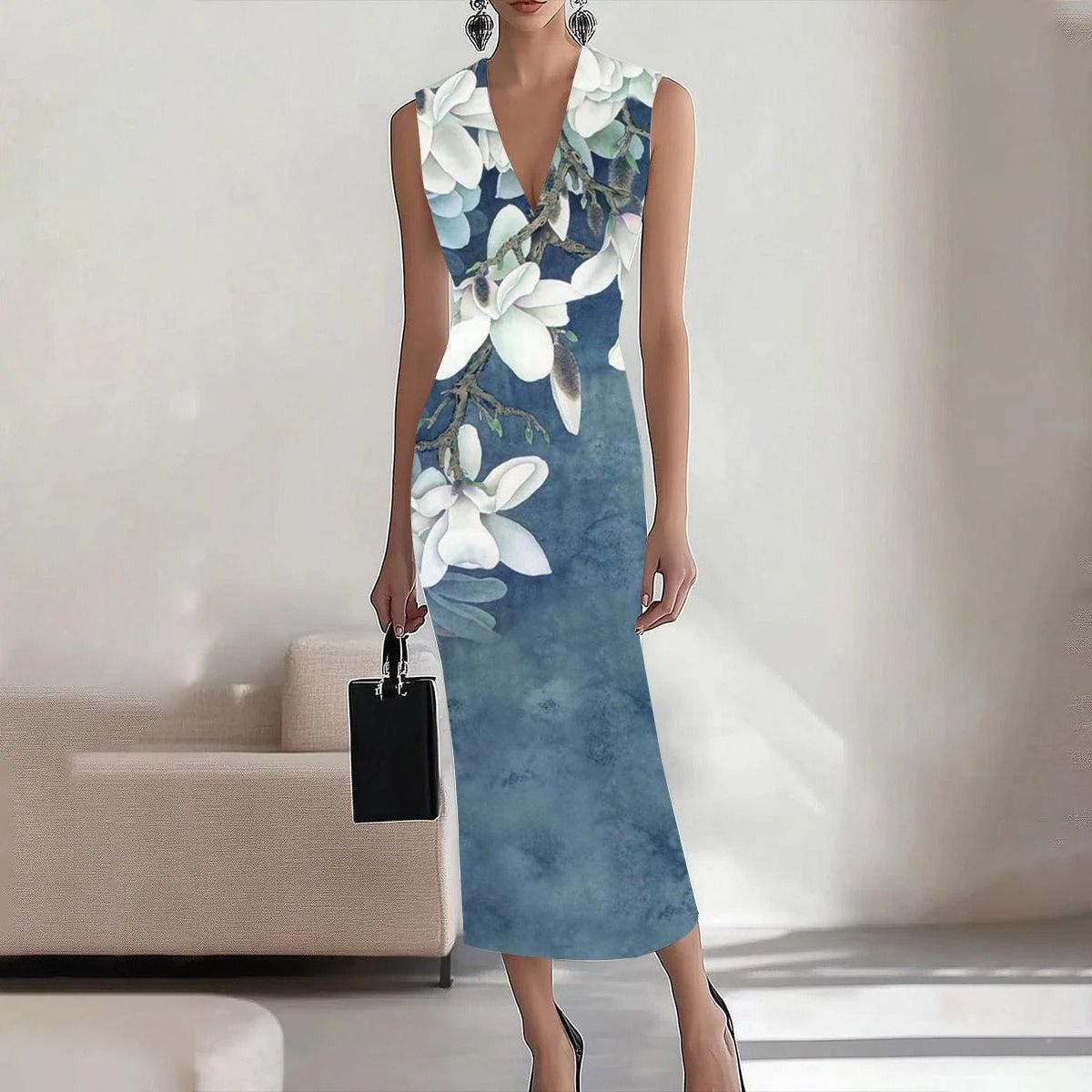 In 2025, the SHEIN print elegant long dress for the workplace, party and vacation on the independent Amazon cross-border website in Europe and America, with A round neck A-line dress