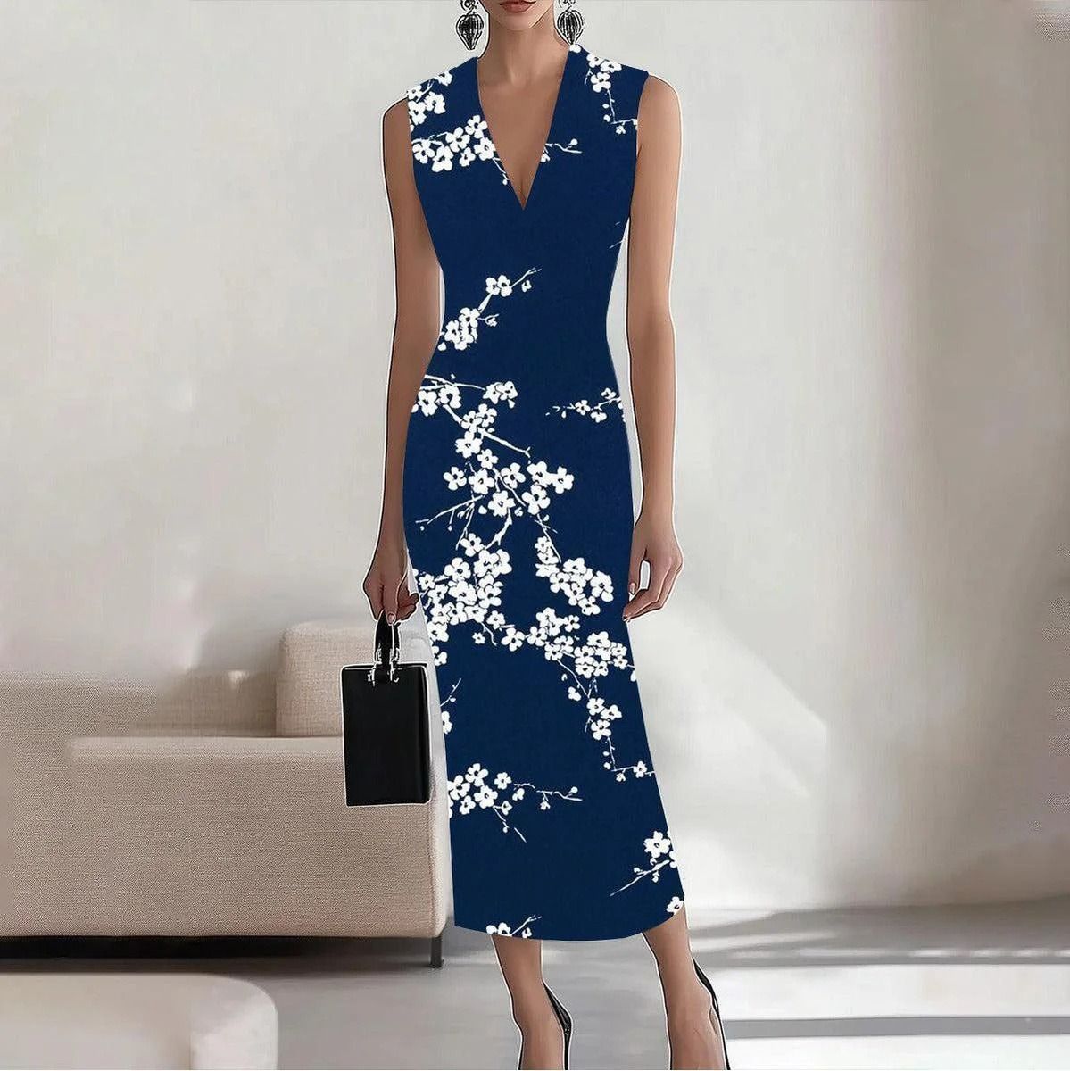 In 2025, the SHEIN print elegant long dress for the workplace, party and vacation on the independent Amazon cross-border website in Europe and America, with A round neck A-line dress