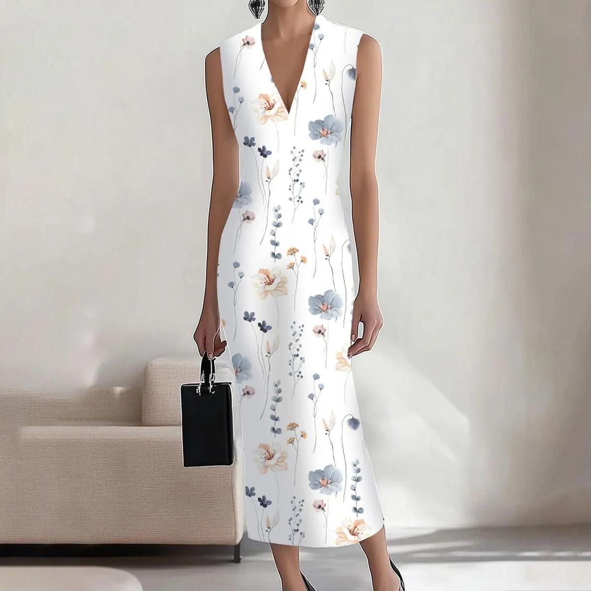 In 2025, the SHEIN print elegant long dress for the workplace, party and vacation on the independent Amazon cross-border website in Europe and America, with A round neck A-line dress