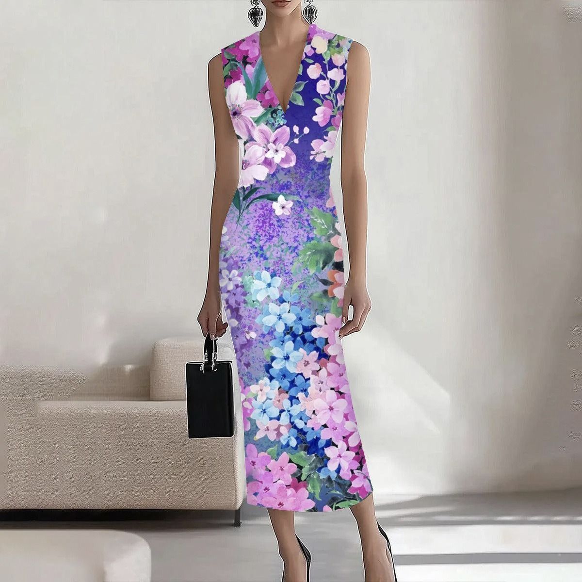 In 2025, the SHEIN print elegant long dress for the workplace, party and vacation on the independent Amazon cross-border website in Europe and America, with A round neck A-line dress