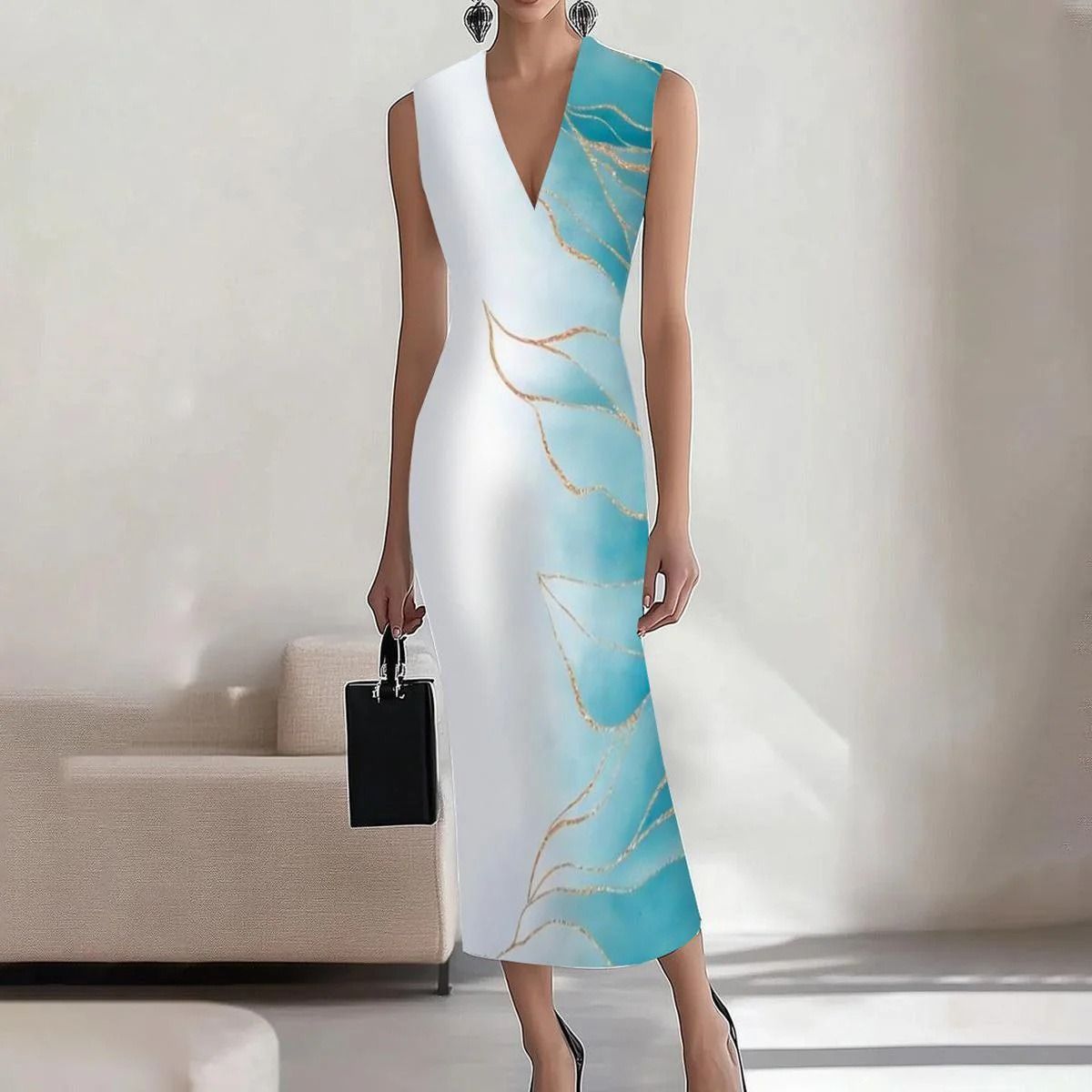 In 2025, the SHEIN print elegant long dress for the workplace, party and vacation on the independent Amazon cross-border website in Europe and America, with A round neck A-line dress