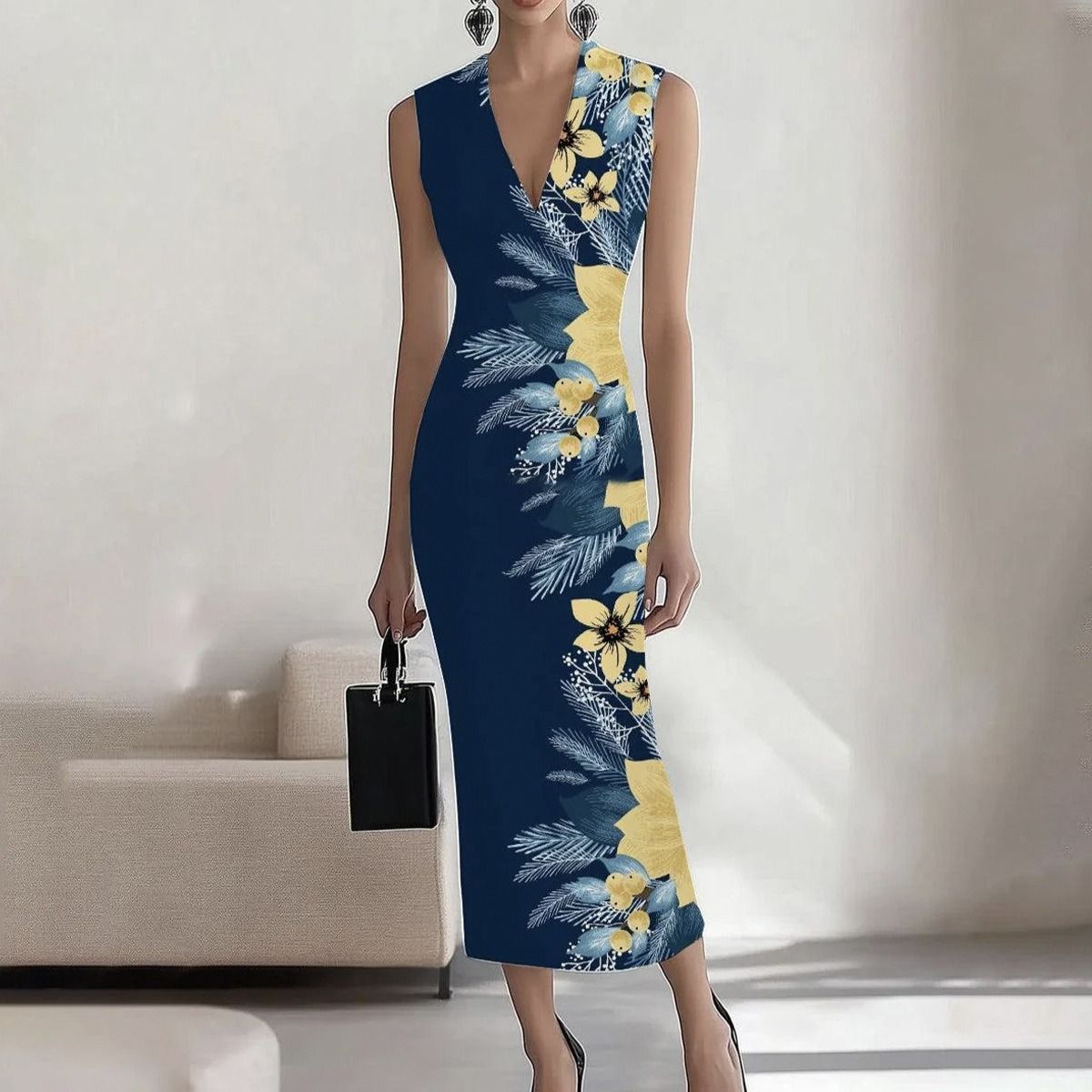 In 2025, the SHEIN print elegant long dress for the workplace, party and vacation on the independent Amazon cross-border website in Europe and America, with A round neck A-line dress