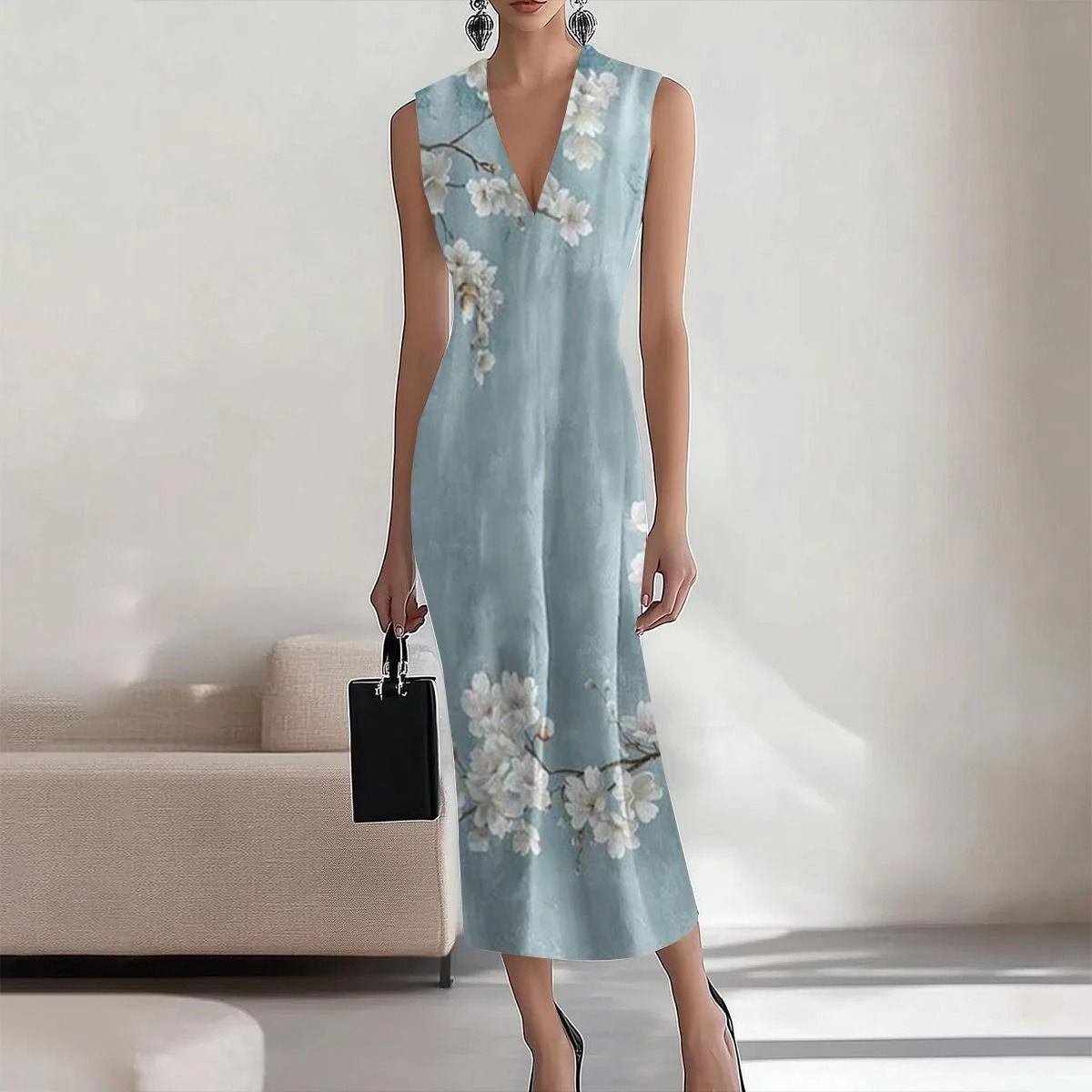 In 2025, the SHEIN print elegant long dress for the workplace, party and vacation on the independent Amazon cross-border website in Europe and America, with A round neck A-line dress