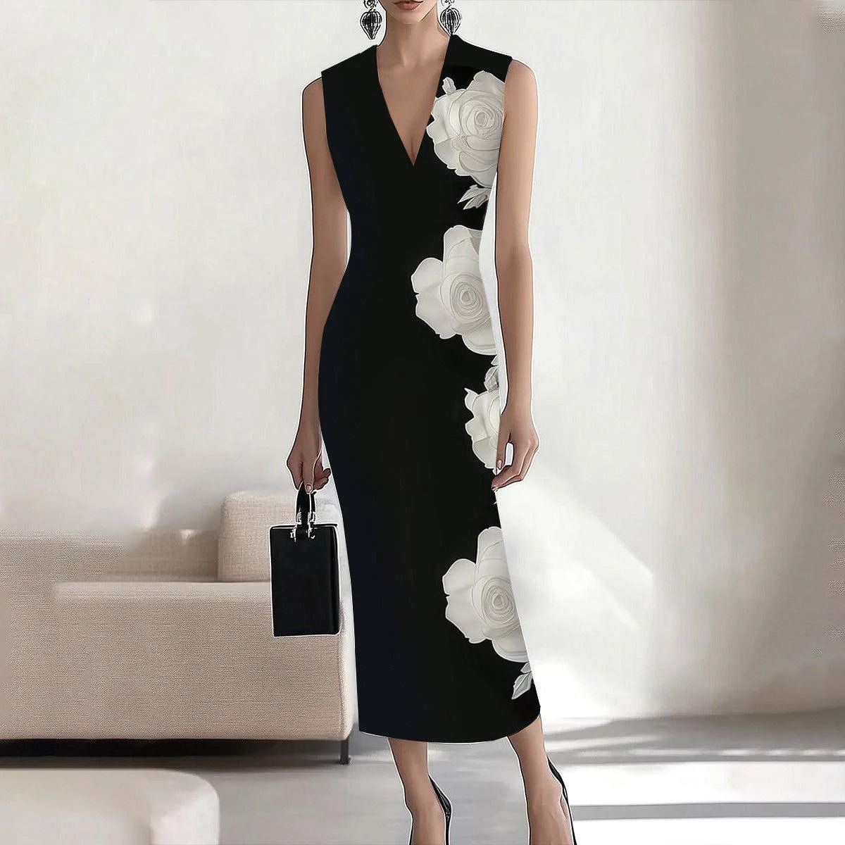 In 2025, the SHEIN print elegant long dress for the workplace, party and vacation on the independent Amazon cross-border website in Europe and America, with A round neck A-line dress
