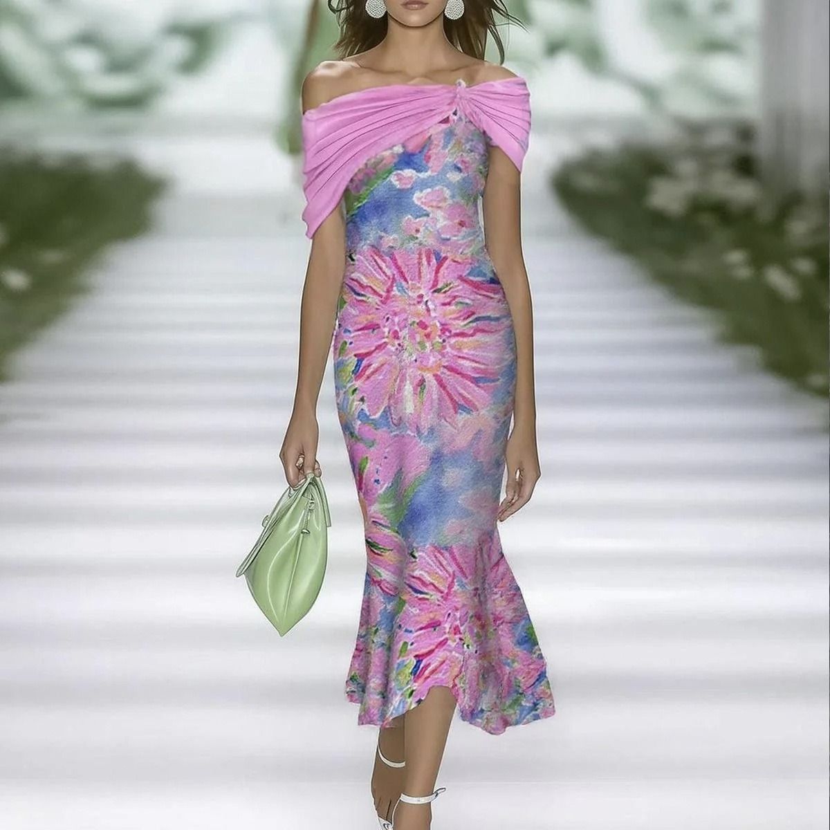 In 2025, the SHEIN print elegant long dress for the workplace, party and vacation on the independent Amazon cross-border website in Europe and America, with A round neck A-line dress