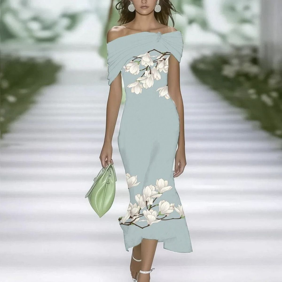 In 2025, the SHEIN print elegant long dress for the workplace, party and vacation on the independent Amazon cross-border website in Europe and America, with A round neck A-line dress