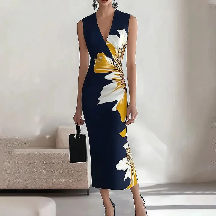 In 2025, the SHEIN print elegant long dress for the workplace, party and vacation on the independent Amazon cross-border website in Europe and America, with A round neck A-line dress