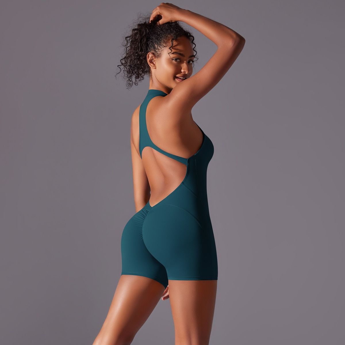 High-intensity exercise back beauty yoga suit, quick-drying pleated hip-lifting tight jumpsuit, zipper nude fitness jumpsuit, leg pants, sports set