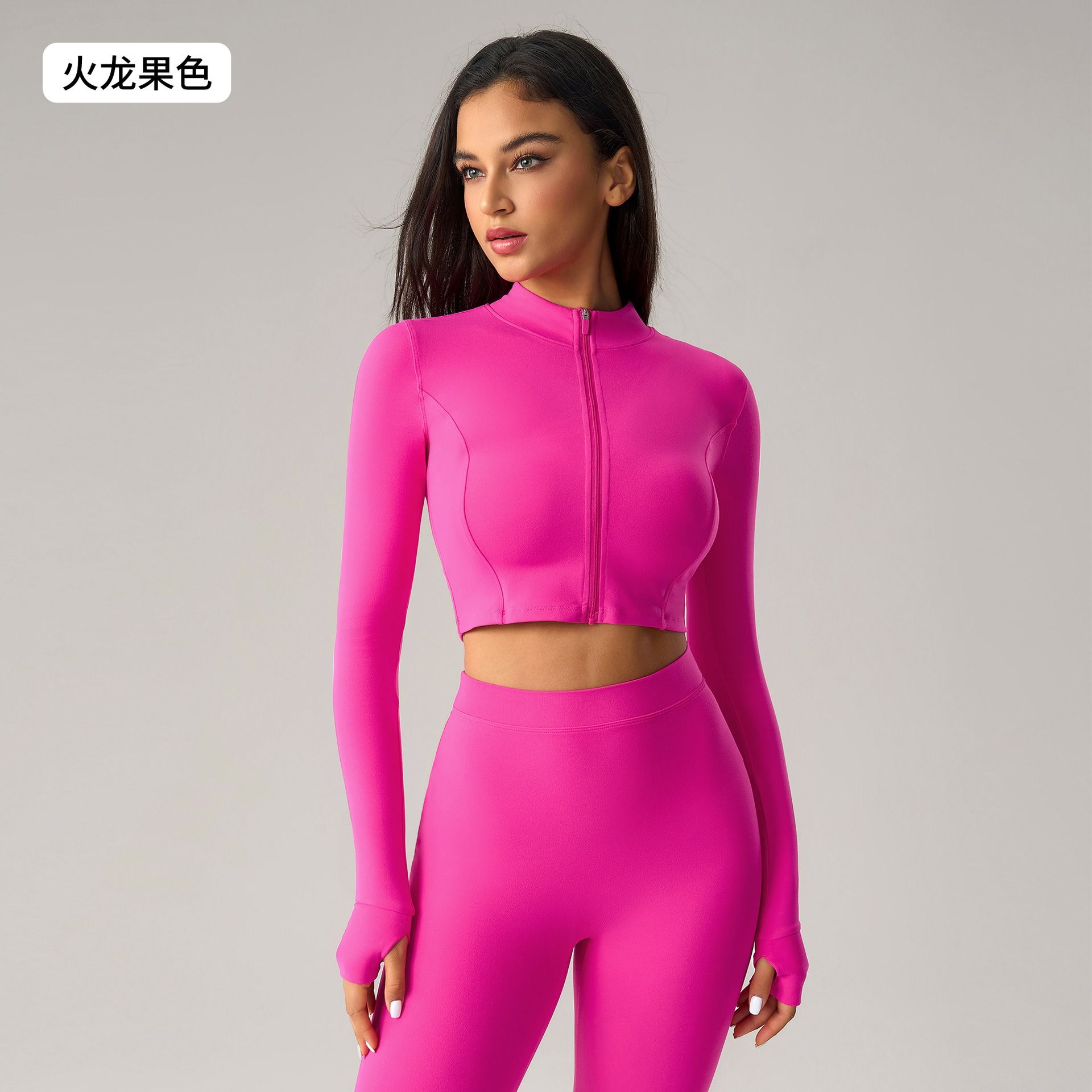 Cross-border European and American tight short zipper sports jacket, women's outdoor running, fitness and yoga wear, long-sleeved sports women's jacket