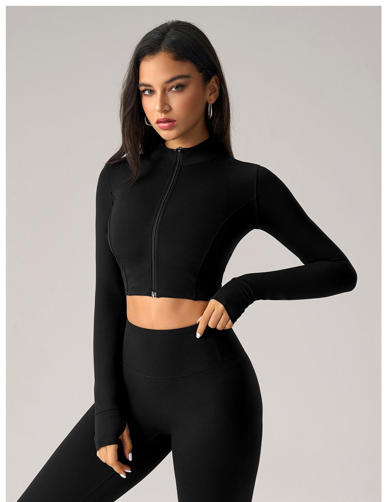 Cross-border European and American tight short zipper sports jacket, women's outdoor running, fitness and yoga wear, long-sleeved sports women's jacket