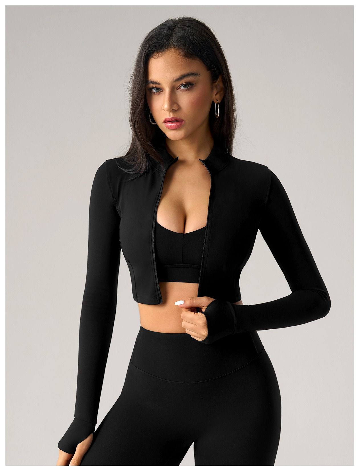 Cross-border European and American tight short zipper sports jacket, women's outdoor running, fitness and yoga wear, long-sleeved sports women's jacket