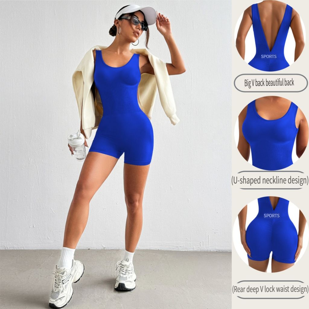 Cross-border in-stock European and American deep V-waist yoga jumpsuit, shaping and fitness wear, tight short one-piece sportswear, women's and women's yoga exercise set