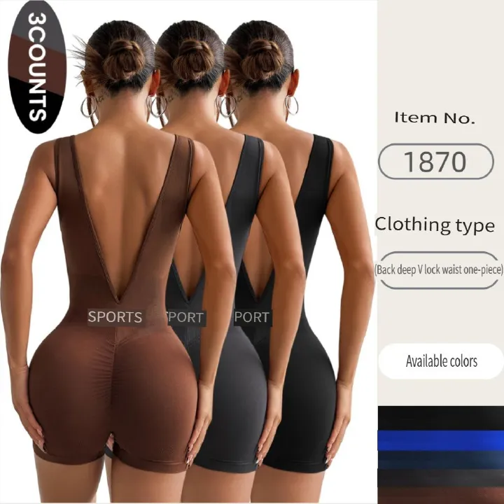 Cross-border in-stock European and American deep V-waist yoga jumpsuit, shaping and fitness wear, tight short one-piece sportswear, women's and women's yoga exercise set