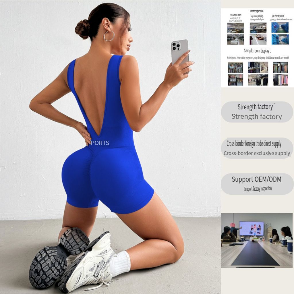 Cross-border in-stock European and American deep V-waist yoga jumpsuit, shaping and fitness wear, tight short one-piece sportswear, women's and women's yoga exercise set