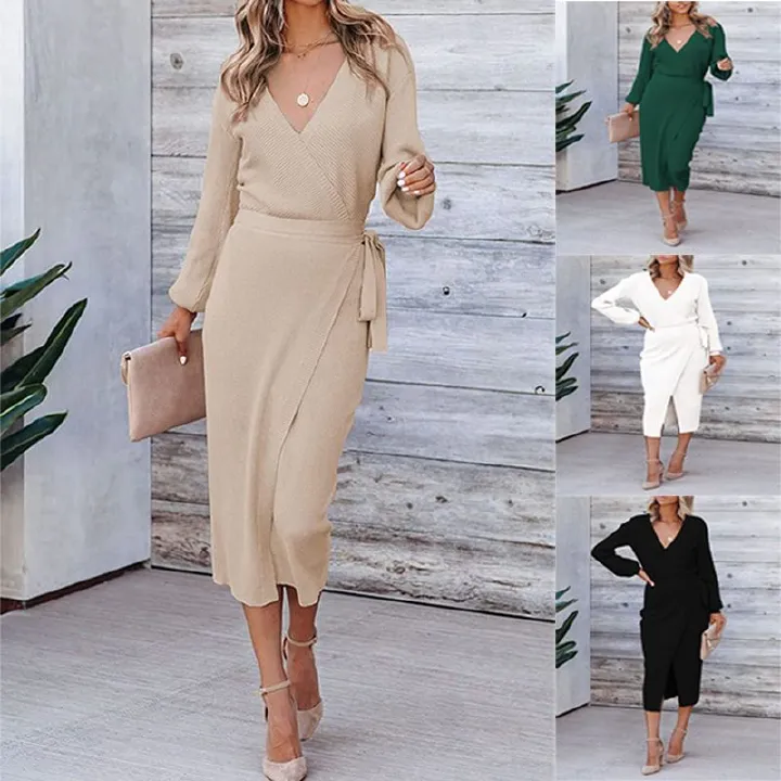 2025 Spring & Autumn New Women's Long Dress  Africa Europe  America Features Elegant Amazon V-neck Knitted Dress  Solid Color Patterns Collage Techniques Comfortable Casual Style