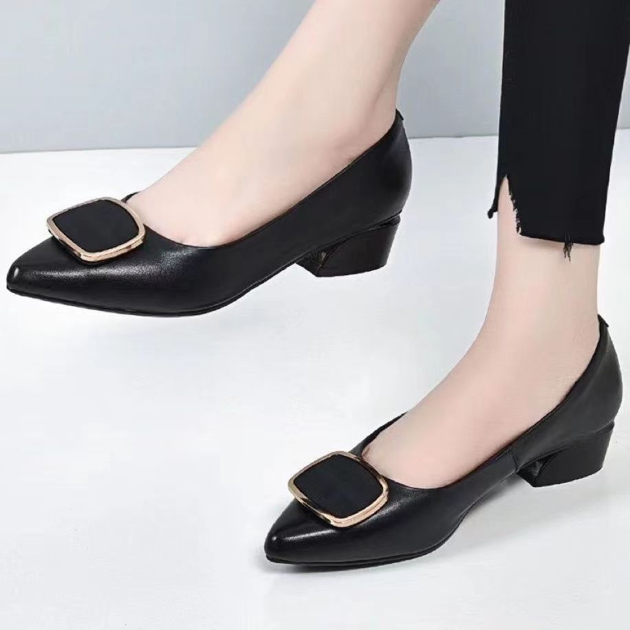 Spring & Summer 2025 African European American Thick-heeled Shallow-toed Single Women's Shoes Metal Buckle Soft-soled Fashionable Pointed-toe Leather Shoes Work Shoes Korean Version Mom Shoe