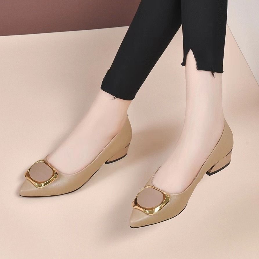 Spring & Summer 2025 African European American Thick-heeled Shallow-toed Single Women's Shoes Metal Buckle Soft-soled Fashionable Pointed-toe Leather Shoes Work Shoes Korean Version Mom Shoe