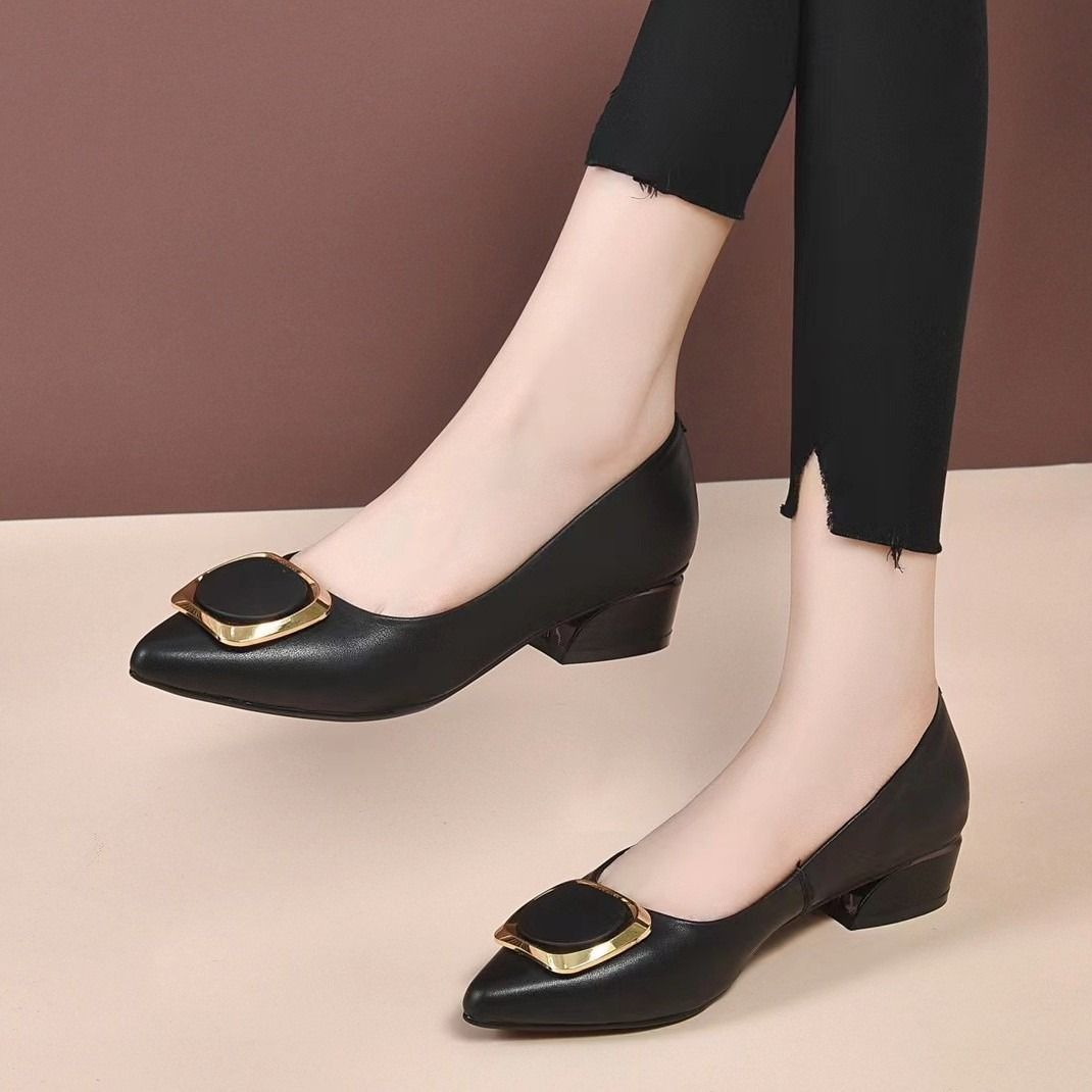 Spring & Summer 2025 African European American Thick-heeled Shallow-toed Single Women's Shoes Metal Buckle Soft-soled Fashionable Pointed-toe Leather Shoes Work Shoes Korean Version Mom Shoe