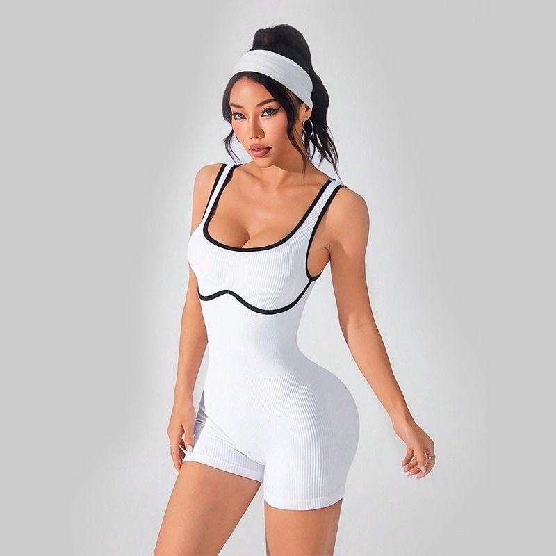 European and American cross-border fitness training shock-absorbing, quick-drying, color-blocking one-piece yoga suit with shoulder straps for slimming and shaping, short women's set