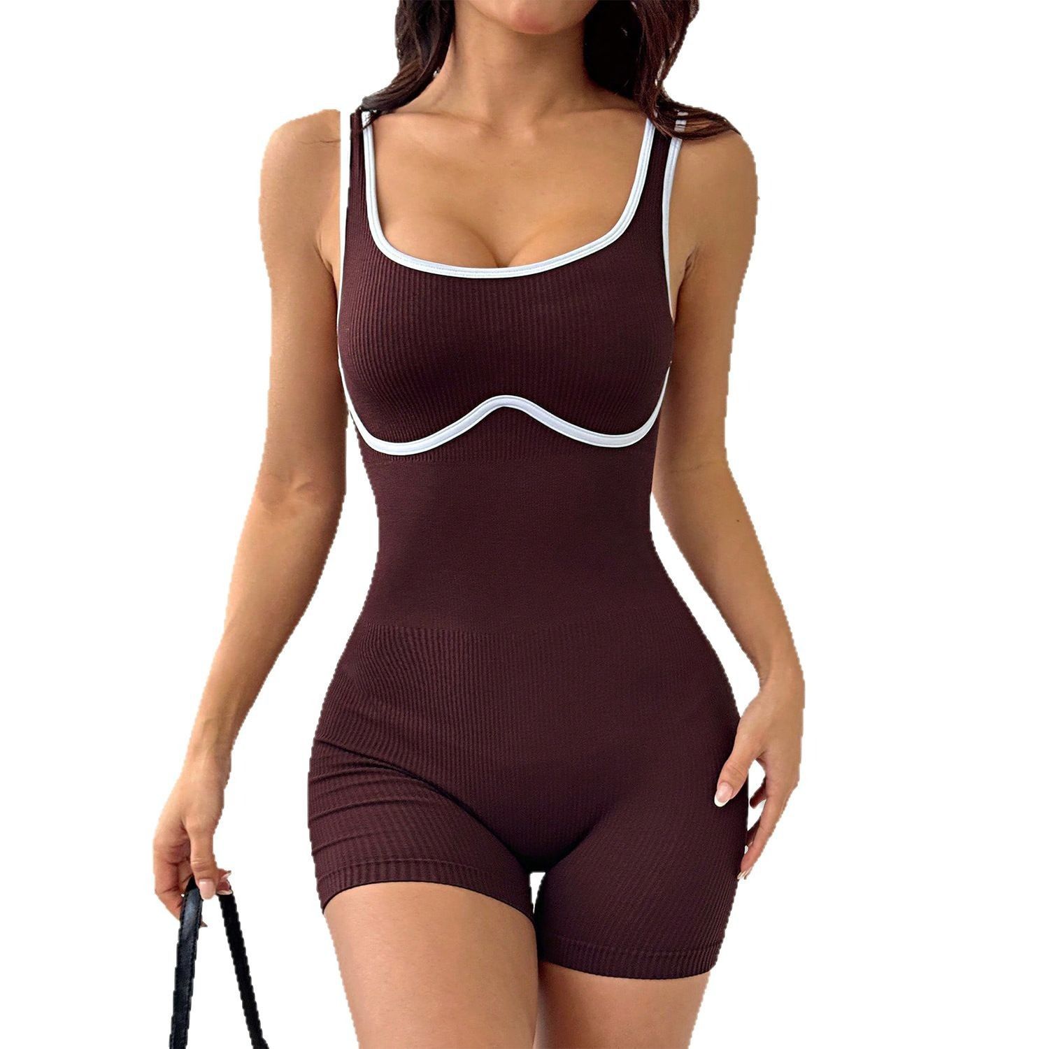 European and American cross-border fitness training shock-absorbing, quick-drying, color-blocking one-piece yoga suit with shoulder straps for slimming and shaping, short women's set