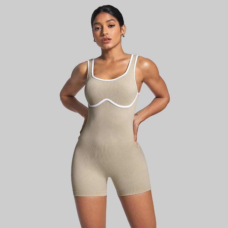 European and American cross-border fitness training shock-absorbing, quick-drying, color-blocking one-piece yoga suit with shoulder straps for slimming and shaping, short women's set