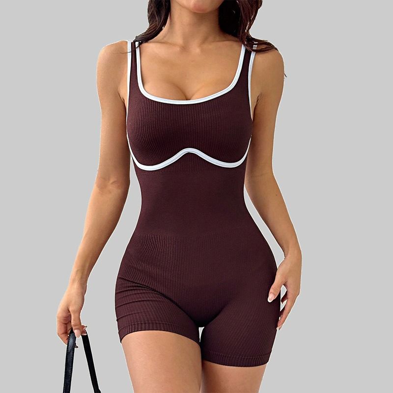 European and American cross-border fitness training shock-absorbing, quick-drying, color-blocking one-piece yoga suit with shoulder straps for slimming and shaping, short women's set