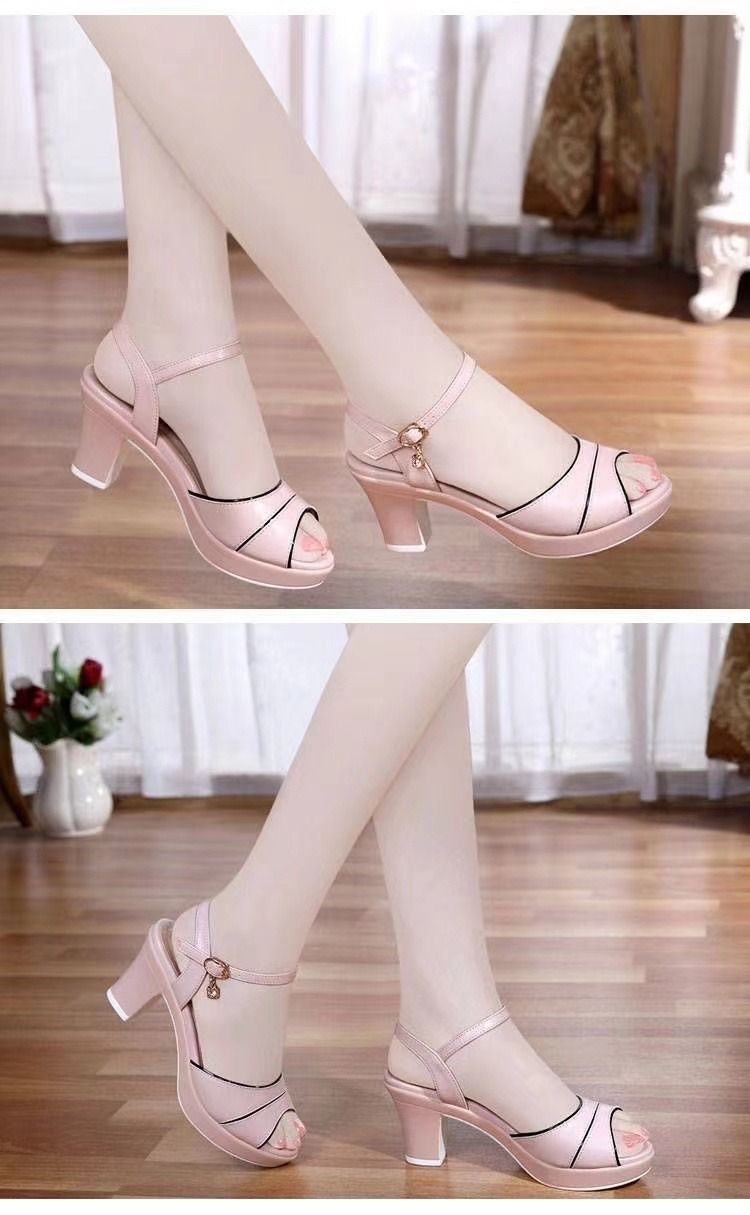 2025 Africa Summer New Thick Heel Sandals Women's High Heels With A Line Buckle Mid-heel Office Lady Sandals High Heels Fish Mouth Shoes Waterproof Platform Shoes Cognitive Style