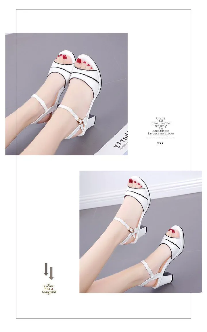 2025 Africa Summer New Thick Heel Sandals Women's High Heels With A Line Buckle Mid-heel Office Lady Sandals High Heels Fish Mouth Shoes Waterproof Platform Shoes Cognitive Style