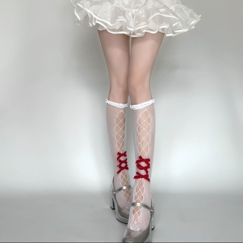 Factory wholesale lace, lace, perforated fishing net socks, velvet bow socks, women's calf socks, black thin silk socks, calf socks, hot girl personality, easy to match, mid-calf cute socks