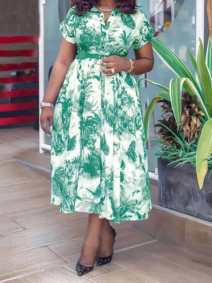 D3337 Foreign Trade Women's Wear 2O25 Summer African Amazon European and American Summer Fashion Style Printed Short Sleeve Skirt Large Foreign Trade Dress High Waist Round Neck Elegant Style