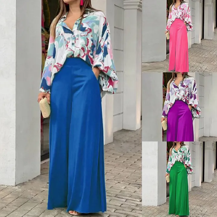 2025 African European American Women's Spring & Autumn Printed Shirts eBay Elegant Stylish Wide-leg Pants Fashionable Casual Suits Printed Patterns Non-stretching Processing Technology Elegant Style