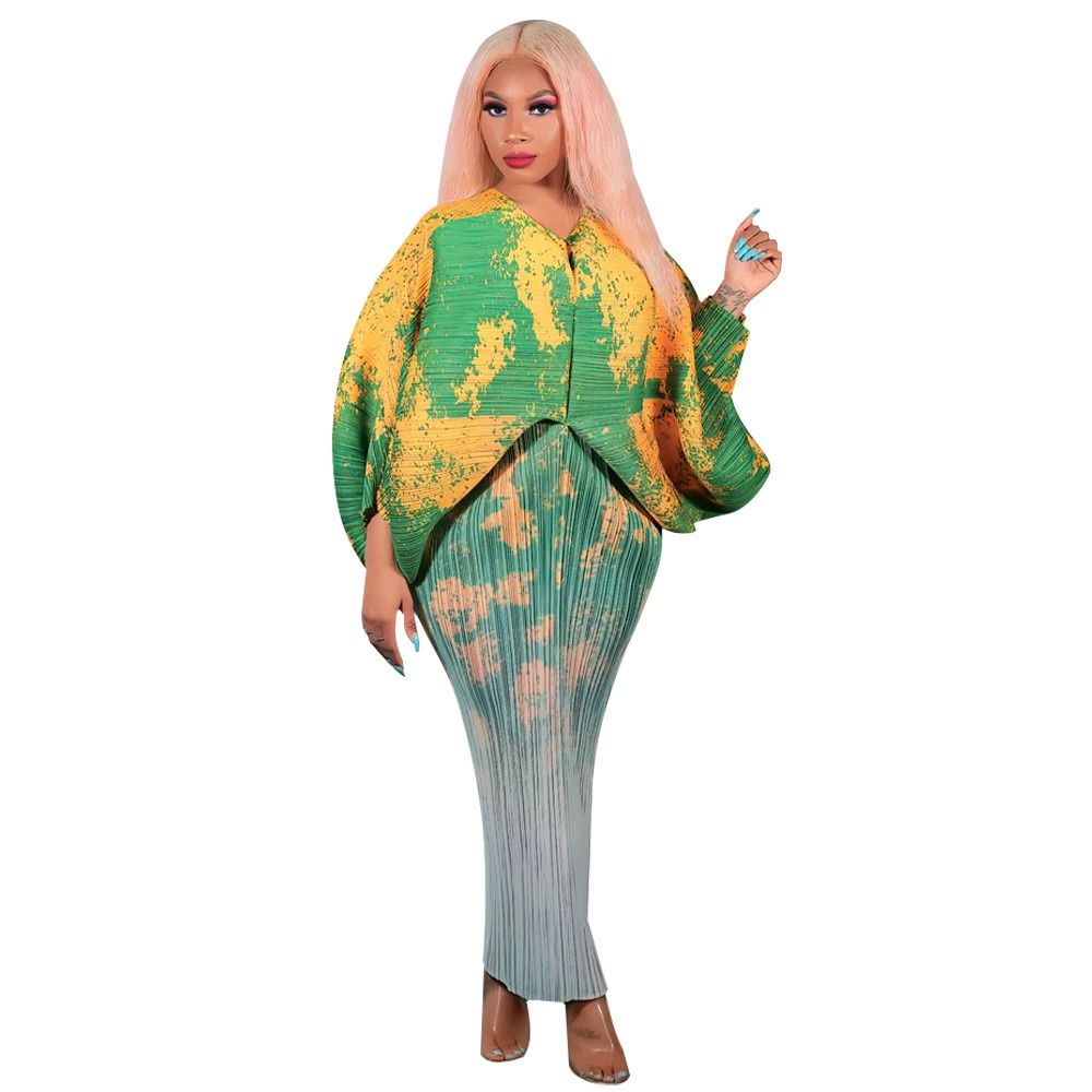 N10263 Independent Station 2025 African European American Women's V-neck Batwing Sleeve Pleated Print Dress - Double Wearable on Both Sides Geometric Pattern Gradient Color Elements Elegant Style